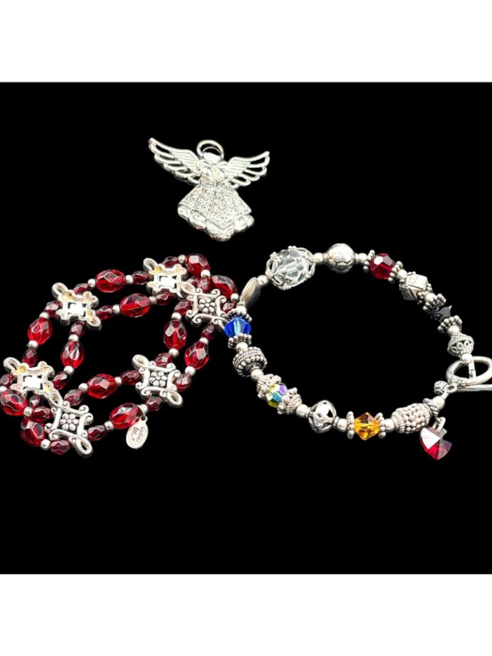 Holiday Necklace + Bracelet Set by Cookie Lee, Glass Bead Bracelet, Angel Brooch - Picture 3 of 12